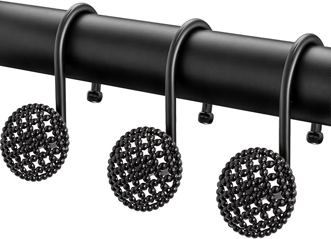 Pearlbee Black Shower Curtain Hooks Rings, Rust-Resistant Metal Glide Shower Hooks for Bathroom Shower Rods, Bathroom Accessories Set of 12 Hooks - Matte Black