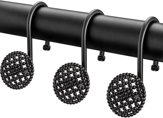 Pearlbee Black Shower Curtain Hooks Rings, Rust-Resistant Metal Glide Shower Hooks for Bathroom Shower Rods, Bathroom Accessories Set of 12 Hooks - Matte Black