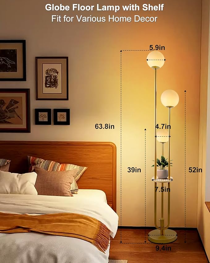 Lightdot LED Floor Lamp Dimmable Gold Globe Floor Lamps with Shelf Mid Century Modern Standing Lamp for Bedroom Living Room Home Office-Candle Holder Style Soft Eye-Caring