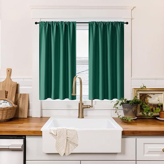 RYB HOME 100% Blackout Short Curtains for Small Window, Thermal Insulated Total Room Darkening Noise Reducing Curtains for Kitchen Bathroom Basement, 42 inches Wide by 48 inches Long, Dark Green