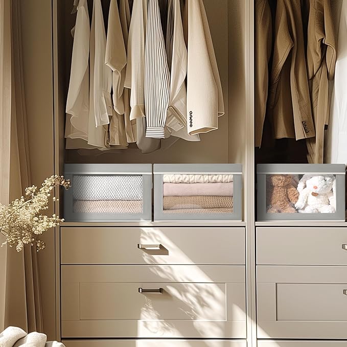 Large Storage Baskets with Lids - Stackable Cube Bins for Closet, 6 Pack Grey Windows Organizer Bins, Home Organizers and Storage for Clothes, CD, Towels