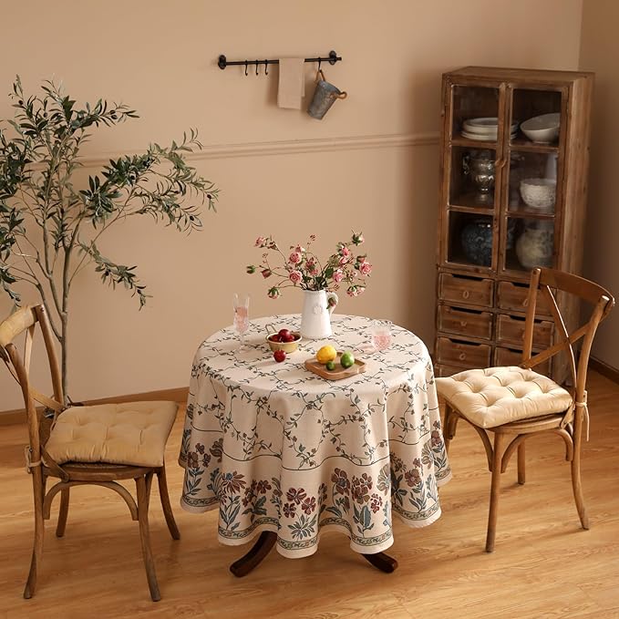 patdrea Designer Vintage Linen Round Table Cloth,Durable Breathable Floral Tablecloth,Dacorative Table Covers for Kitchen Dining Tea Party,Holiday,Christmas,Thanksgiving,Diameter 67"-Oliveirad