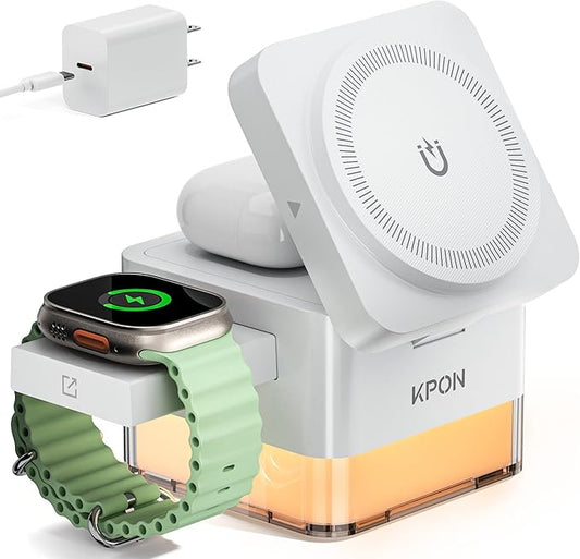 KPON for iPhone Nightstand Charging Station,15W 3 in 1 Wireless Phone Charger Stand with Night Lamp, Travel Foldable Magnetic Cube Magsafe Dock for iPhone 17 16 15 14 13 12 Series/Apple Watch/Airpods