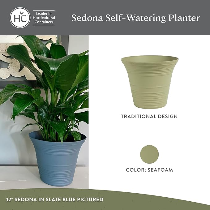 The HC Companies 9 Inch Sedona Round Self Watering Planter Pots, Lightweight UV-Resistant Plastic Outdoor Planters, 4-Pack Flower Pots for Garden & Home Decor, Seafoam