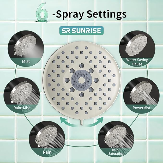 SR SUN RISE Filtered Shower Head with Filters- High Pressure Rain Shower Head,with 20-Stage shower Filter,6 Spray Modes for Hard Water Softener, Remove Chlorine (Brushed Nickel,5.5 Inch Round)