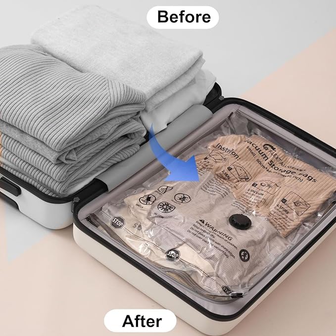 8 Small Vacuum Storage Seal Bags, Space Saver Bags with Travel Hand Pump, Compression Airtight Sealer Bags for Clothes, Bedding, Pillows, Comforters, Blankets