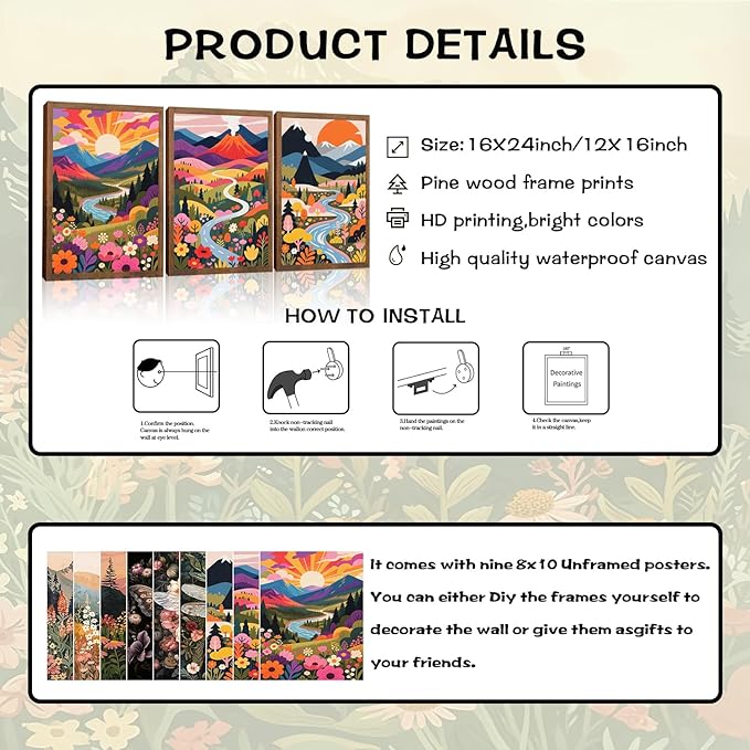 Nature Landscape Boho Wall Art Set of 3 24x16In Wood Framed,with 9 Bonus 8x10 Posters Prints, Abstract Ridge River Sunset Floral Canvas Paintings for Living Room Bedroom Office