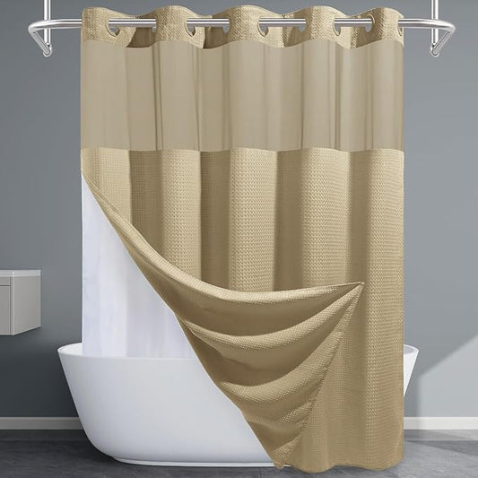 Beige No Hook Shower Curtain with Snap in Liner,230GSM Waffle Weave Shower Curtains for Bathroom,71W x 74H