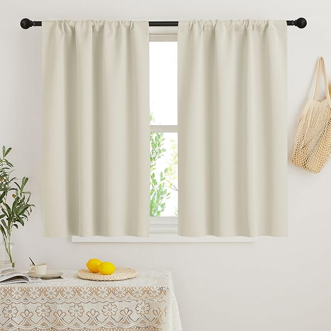 RYB HOME Beige Short Curtains Blackout, 45 inch Durable Cafe Curtains Room Darkening Window Drapes Privacy Protection for Basement Closet Kithen, W34 x L45 inch, 2 Panels