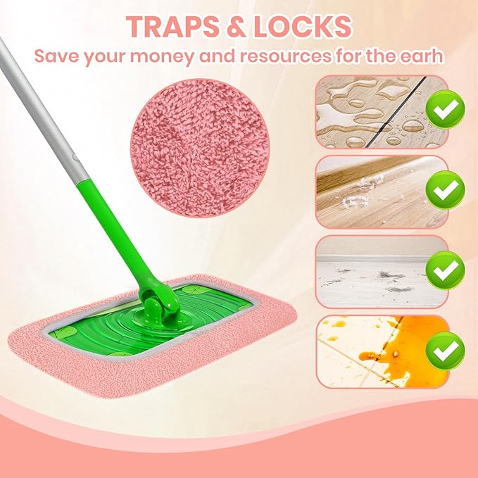 6 Pack Reusable Microfiber Mop Pads - Compatible with Sweeper, Reusable Mop Pads, Washable Dry Cloths & Wet Pads Refill for Hardwood Laminate Tile Floor Cleaning (Pink, M)