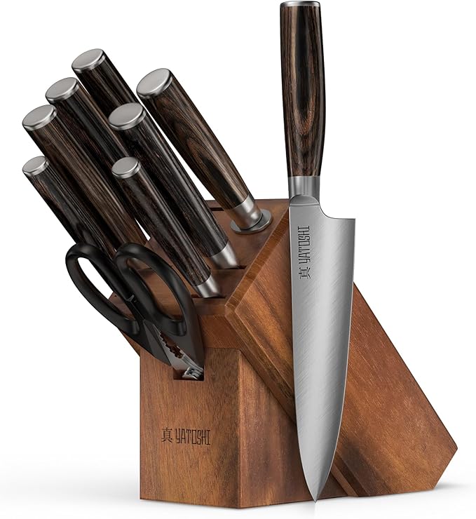 Yatoshi 9 Piece Block Set - Pro Kitchen Knife Set Ultra Sharp High Carbon Steel with Ergonomic Handle
