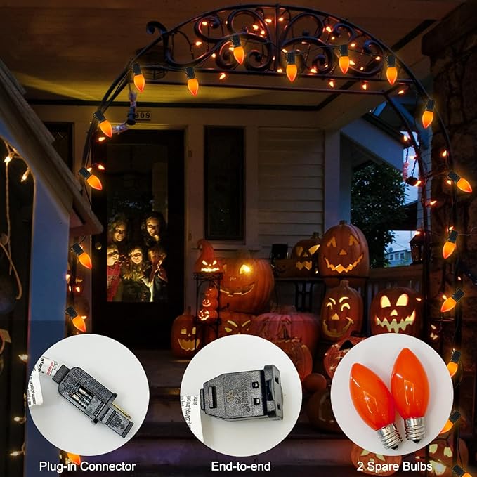 SUNSGNE C9 LED Halloween Orange String Lights 25FT Outdoor String Lights with 27 0.6W LED Plastic Bulbs(2 Spare) for Patio Garden Roofline Backyard Decorations, Black Wire