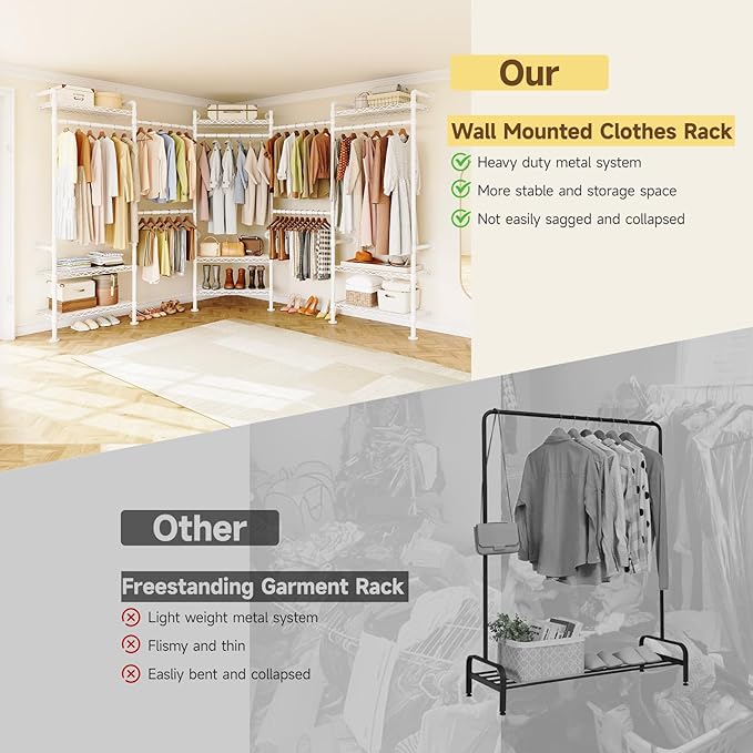 U5 Wall Mounted Closet System, Industrial Pipe Clothing Rack Garment Racks for Hanging Clothes, Heavy Duty Closet Organizers System in Wardrobe Closet, White