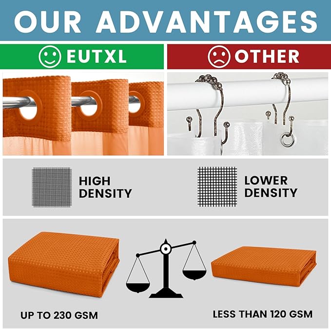 Burnt Orange No Hook Shower Curtain with Snap in Liner,230GSM Waffle Weave Shower Curtains for Bathroom,71W x 74H