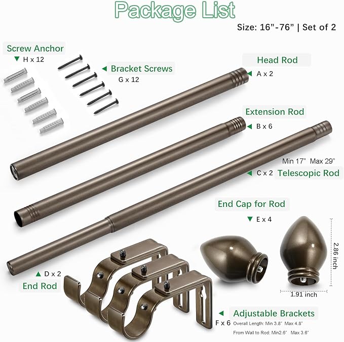 Curtain Rods for Windows 16 to 76 inches, Curtain Rod Max Adjustable Length to 88 in, Drapery Rod 1 inch Diameter with Modern Knobs Finials (Brown, 16" to 76" - Set of 2)