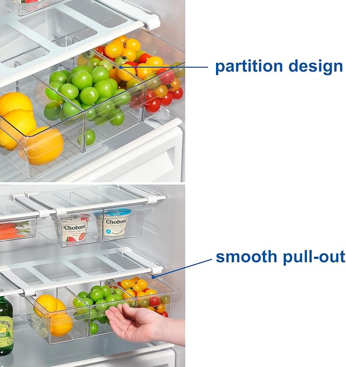 Pull-Out Fridge Drawer Organizer - Under Shelf Storage Bins for Refrigerator Organization for Fruits Vegetables, Cheese & Deli (Tall & Narrow with dividers)