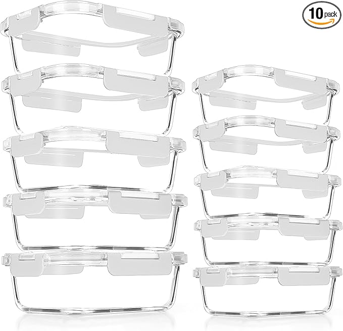 VERONES 10Pack Glass Meal Prep Containers, Airtight Glass Lunch Containers,Stackable Food Storage Containers Set with Lids,Exclusive of BPA, for Microwave,Oven, Freezer&Dishwasher Friendly,White