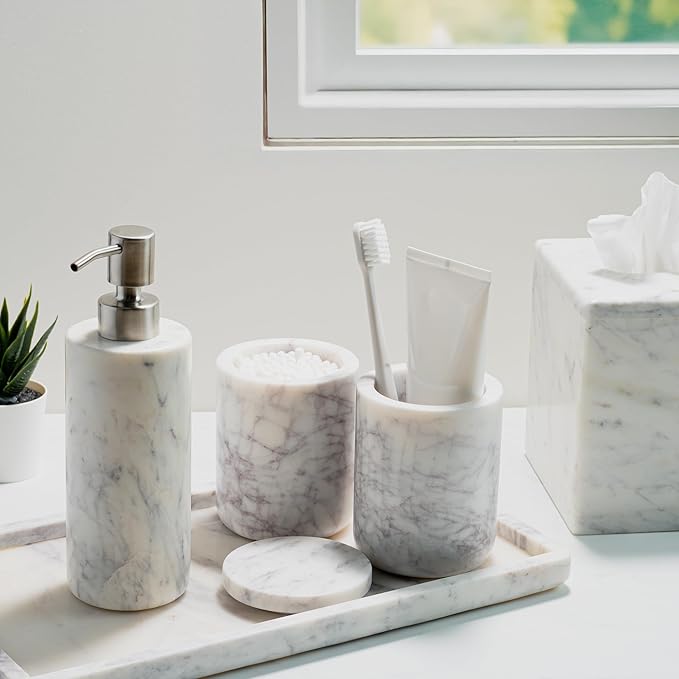 Cork & Mill Marble Soap Dispenser for Bathroom Countertop or Kitchen Sink, Real Natural White Stone with Stainless Steel Pump Top, Ideal for Lotion, Liquid Dish or Hand Soap, Modern Bath Accessories