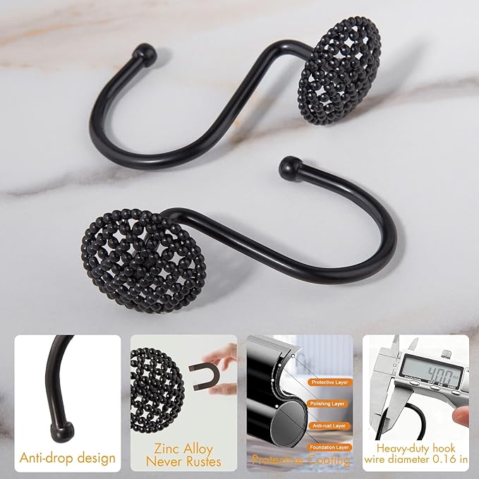 Pearlbee Black Shower Curtain Hooks Rings, Rust-Resistant Metal Glide Shower Hooks for Bathroom Shower Rods, Bathroom Accessories Set of 12 Hooks - Matte Black