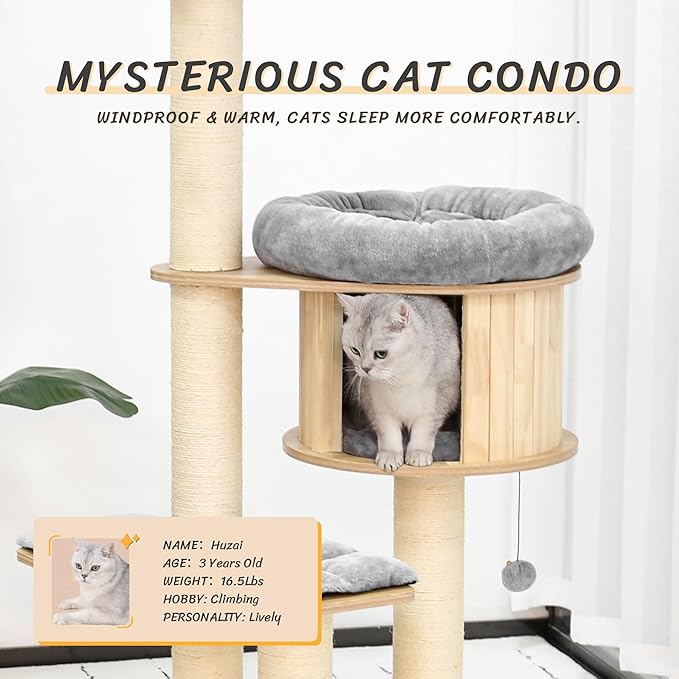 KAMABOKO 58.6" Modern Cat Tree, Wood Cat Tree w/ 4.7" Large Dia Sisal Scratching Posts, Heavy-Duty Cat Trees for Large Cats with Condo, Cushions for Cats Climb Scratch Play Rest