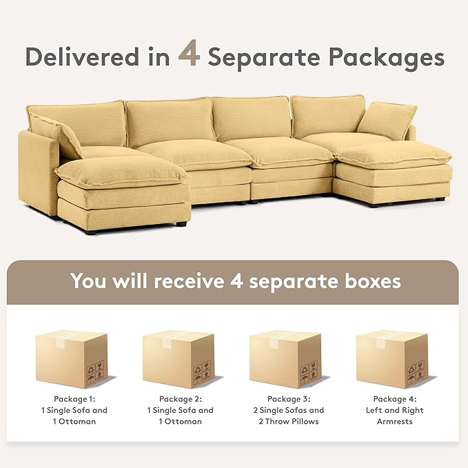 ROWHY 148'' Sectional Cloud Couch with 2 Ottomans, Oversized 4 Seat Sleeper Sofa with 2 Throw Pillows, Convertible Upholstered U Shaped Cozy Sofa Furniture Set for Living Room and Office, Yellow