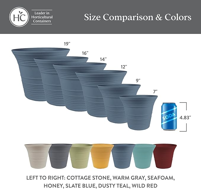 The HC Companies 16 Inch Sedona Round Self Watering Planter Pots, Lightweight UV-Resistant Plastic Outdoor Planters, 2-Pack Flower Pots for Garden & Home Decor, Slate Blue