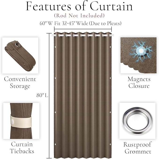 100% Blackout Door Curtain with Magnetic Closure, Approximate Pinch Pleated Design for Bedroom/Living Room Windows & Sliding Room Divider Drapery, 1 Panel, W60 x L80, Brown