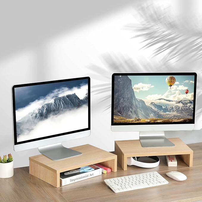 TEAMIX Wood Monitor Stand Riser - 2 Pack Adjustable Dual Monitor Riser for Laptop/PC
