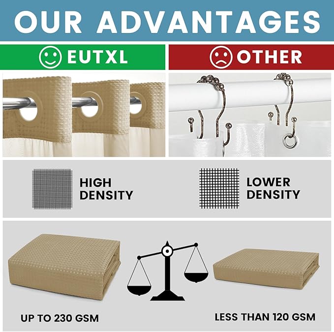 Beige Long No Hook Shower Curtain with Snap in Liner,230GSM Waffle Weave Shower Curtains for Bathroom,71W x 86H