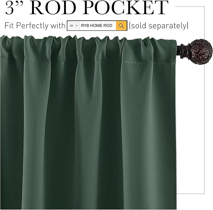 RYB HOME Living Room Curtains 72 inch Length 2 Panels Set, Thermal Insulated Privacy Window Drapes Rod Pocket Design All Lights Blocking for Bedroom Studio, W 42 x L 72 inch, Dark Green