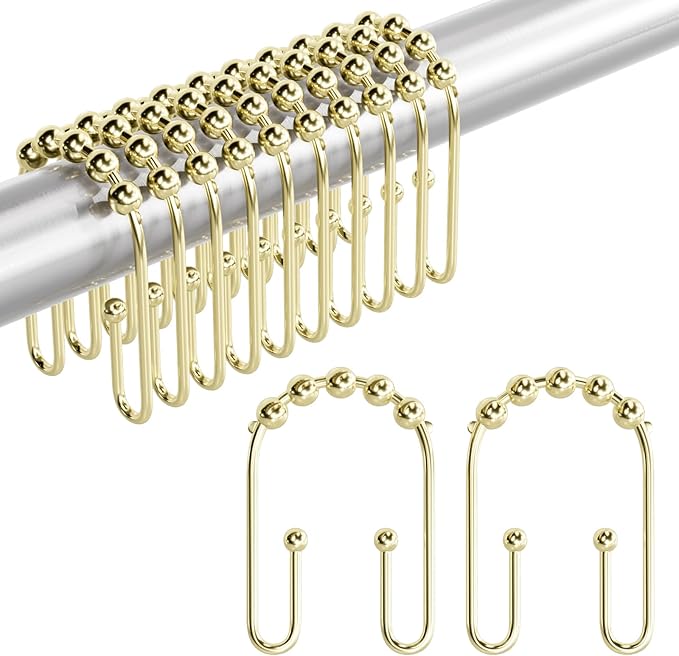 AmazerBath Shower Curtain Hooks Gold Shower Curtain Rings Rust Proof, Double Sided Shower Curtain Hooks for Shower Curtain Liner Smooth Metal Shower Hook Rings for Bathroom,Shower Rod Hooks 12Pcs