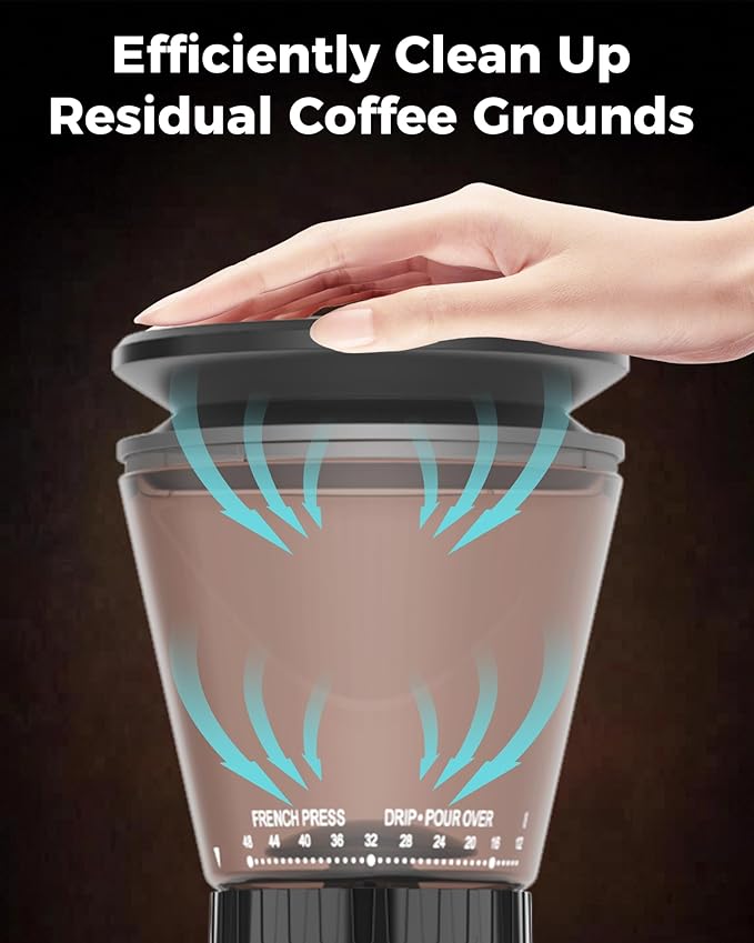 Tuni G1 Conical Burr Coffee Grinder, 48 Grind Settings Anti-static Burr Mill, Precision Electronic Timer and LED Touchscreen for Espresso/Drip/Cold Brew/French Press, Stainless Steel, Noir