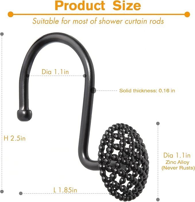 Pearlbee Black Shower Curtain Hooks Rings, Rust-Resistant Metal Glide Shower Hooks for Bathroom Shower Rods, Bathroom Accessories Set of 12 Hooks - Matte Black