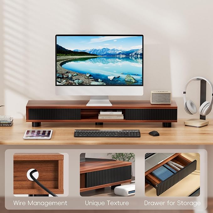 Artswish Dual Monitor Riser with Power Outlet, 42 Inch Wood Monitor Stand for 2 Monitors with Drawer Storage, Computer Monitor Stand Riser with Adjustable Feet, Double Monitor Stand Desk Shelf, Walnut