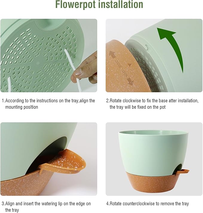 10 inch Self Watering Pots, 2 Pack Plastic Planters with Mesh Drainage Holes for Garden Plants and Flower, Plants Pots with Deep Reservoir for Indoor Outdoor Plants, Green with Brown