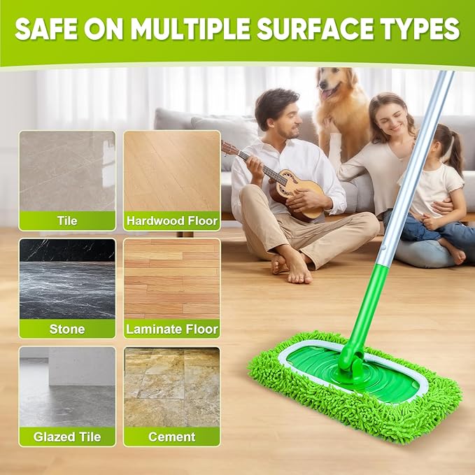 Reusable Mop Pads Fit Swiffer Sweeper, 4-Pack Microfiber Mop Replacement Pads, Washable Wet Mopping Cloths & Dry Sweeping Chenille Pads Refill for Floor Cleaning