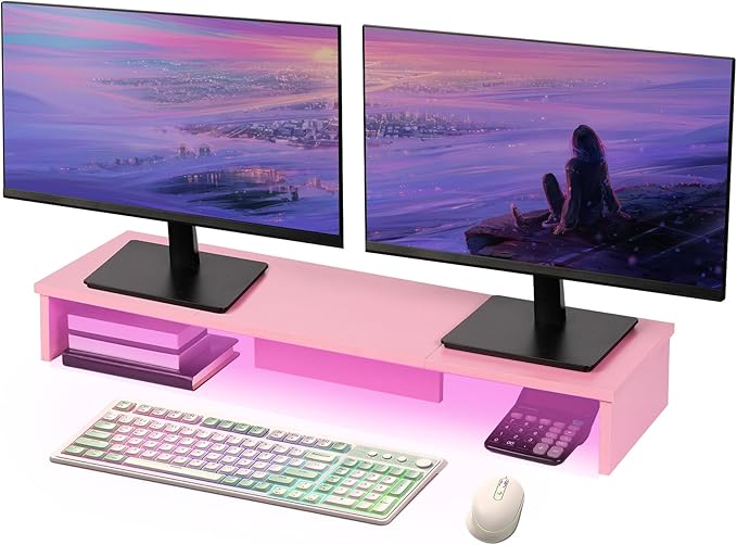 Dual Monitor Stand Riser with LED Lights, Large Monitor Stand for Desk, Computer Monitor Stand for 2 Monitors, Desk Shelf for Top of Desk, Desktop Organizer for Laptop, Printer, TV, Pink