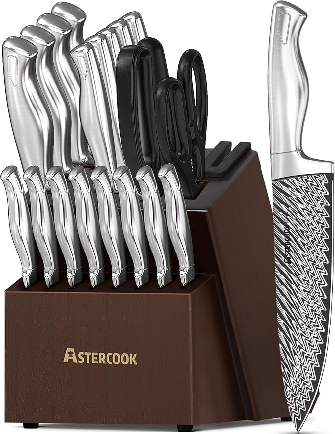 Knife Set, Astercook 21 Pieces Kitchen Knife Set with Built-in Sharpener, German Stainless Steel Knife Block Set, Razor-Sharp Knives with Full-tang Handle, Dishwasher Safe, Silver