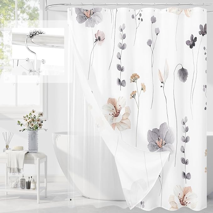 Gibelle 3 in 1 Shower Curtain Set, Charcoal Grey Watercolor Floral Bath Curtain and PEVA Liner Set with 12 Double Sided Steel Hooks, Waterproof Fabric Bathroom Curtain 72x72
