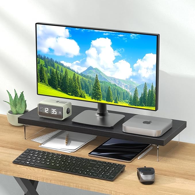 Monitor Stand Riser, Wood & Acrylic Computer Monitor Stand Desk Desktop Organizer Table for Home, Office Workspace, Laptop Riser, Printer, PC & TV Screen Riser