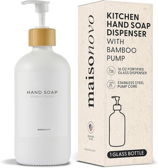 MaisoNovo Glass Hand Soap Dispenser | Dish Soap Dispenser for Kitchen | 16.9oz White Bottles with White Bamboo Pump | Bathroom Lotion Dispenser