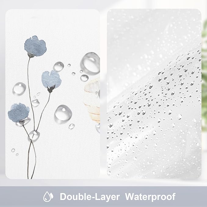 Gibelle 3 in 1 Shower Curtain Set, Blue Watercolor Floral Bath Curtain and PEVA Liner Set with 12 Double Sided Steel Hooks, Waterproof Fabric Bathroom Curtain 72x72