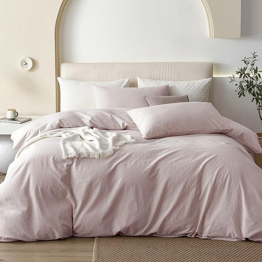 JIYUAN 100% Washed Cotton Duvet Cover Set 3 PCS Oversized Queen, 1 Duvet Cover 98"x98" (Comforter Not Included) and 2 Pillowcases,Linen Feel Bedding Set Comfy and Breathable, Heathered Greyish Pink