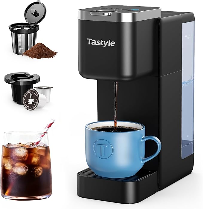 Single Serve Coffee Maker, Iced and Hot Coffee Machine for K Cup & Grounds, Compact Design, 40oz Removable Water Reservoir, 6 to 24 Oz Brew Sizes, Fits 7.3" Travel Mug, Black