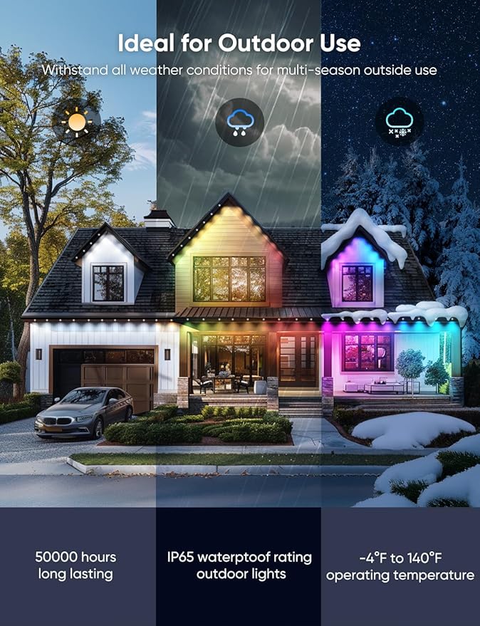Permanent Outdoor Lights 50ft,RGBW Eaves Light with 36 LED Lights,111+ Scenes Modes Outdoor Lighting, Waterproof Permanent Light for Daily Holiday Halloween Decorations, Compatible with Alexa,Black