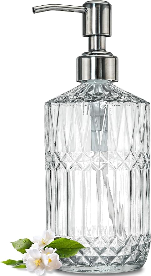 JASAI 18 Oz Embossed Clear Glass Soap Dispenser with Rust Proof Pump, Refillable Dish soap Dispenser for Kitchen, Premium Bathroom Soap Dispenser for Hand soap, Lotion (Clear).