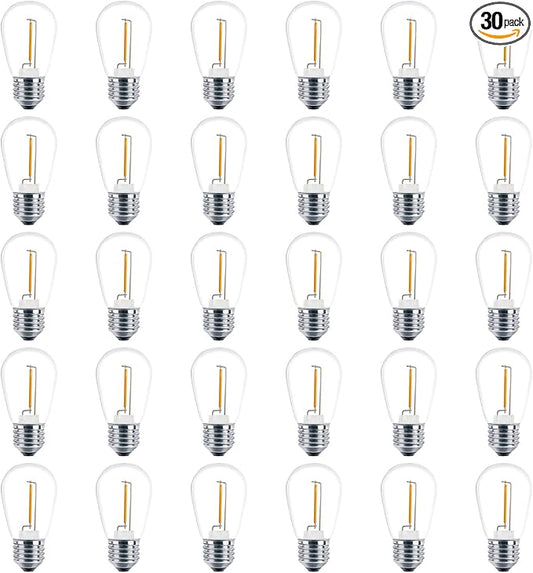 Meconard 30 Pack S14 Edison String Light Bulbs, 1 Watt Replacement Bulbs for Outdoor String Lights, Low Wattage Shatterproof LED Filament Patio Bulbs, E26 Medium Base, 2200K Warm White, Non-Dimmable