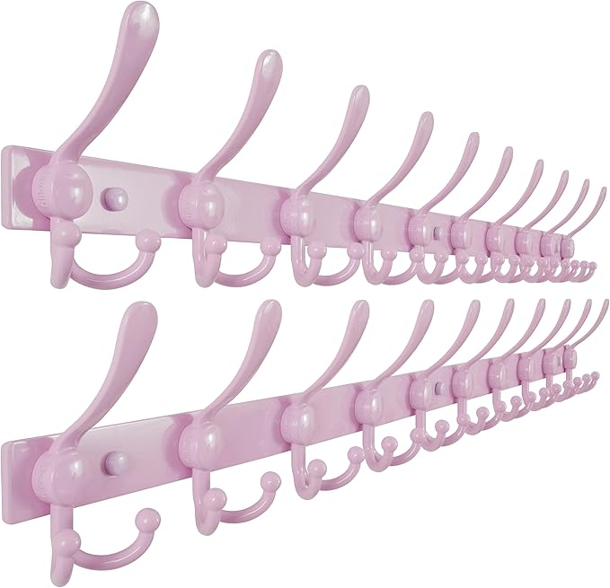 Dseap MaxStrong 2.0 Coat Rack Wall - 37” Long 10 Tri Hooks - Ultra Heavy-Duty Stainless Steel Wall Mount Coat Hanger, Hook Rail for Clothes Hats Jacket Towels Pink, Pack of 2