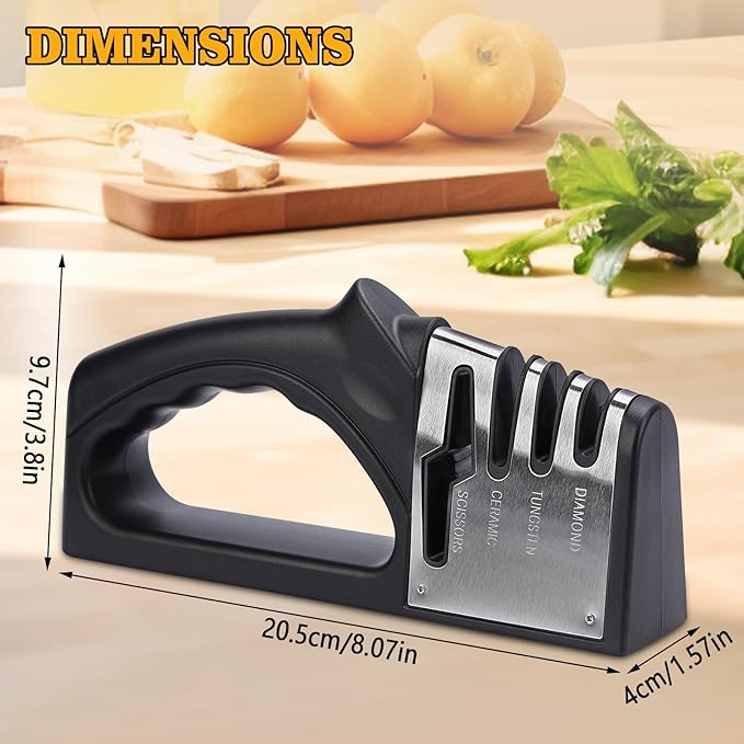 4-in-1Manual Knife Sharpener Suitable for kitchen knives, fruit knives, steel knives, scissors, and 3-level precision sharpening.Non slip base, suitable for home use (black)
