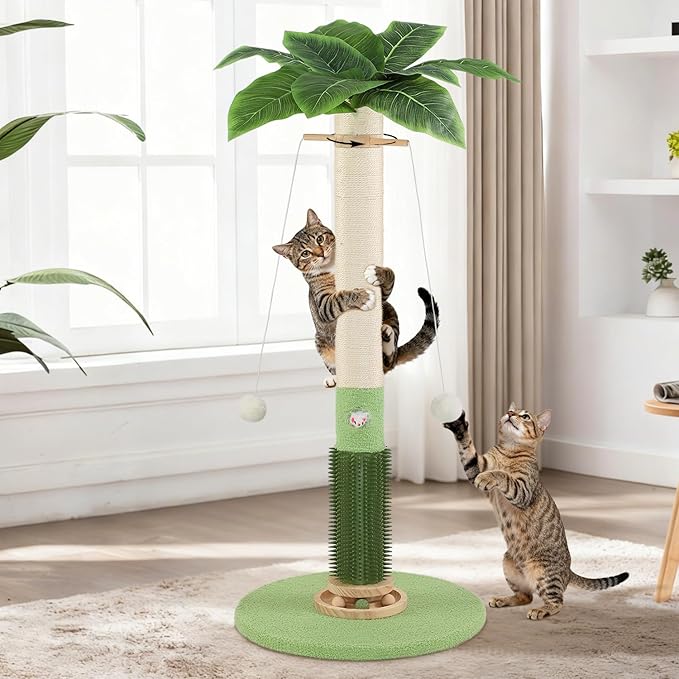 Cat Scratching Post,37.5'' Tall Sisal Cat Tree Scratching Post for Indoor Cat,Cat Scratcher with Cute Mouse Hole Toy,Interactive Ball and Rotating Ball Self Groomer Brush for Kittens Adults Cat